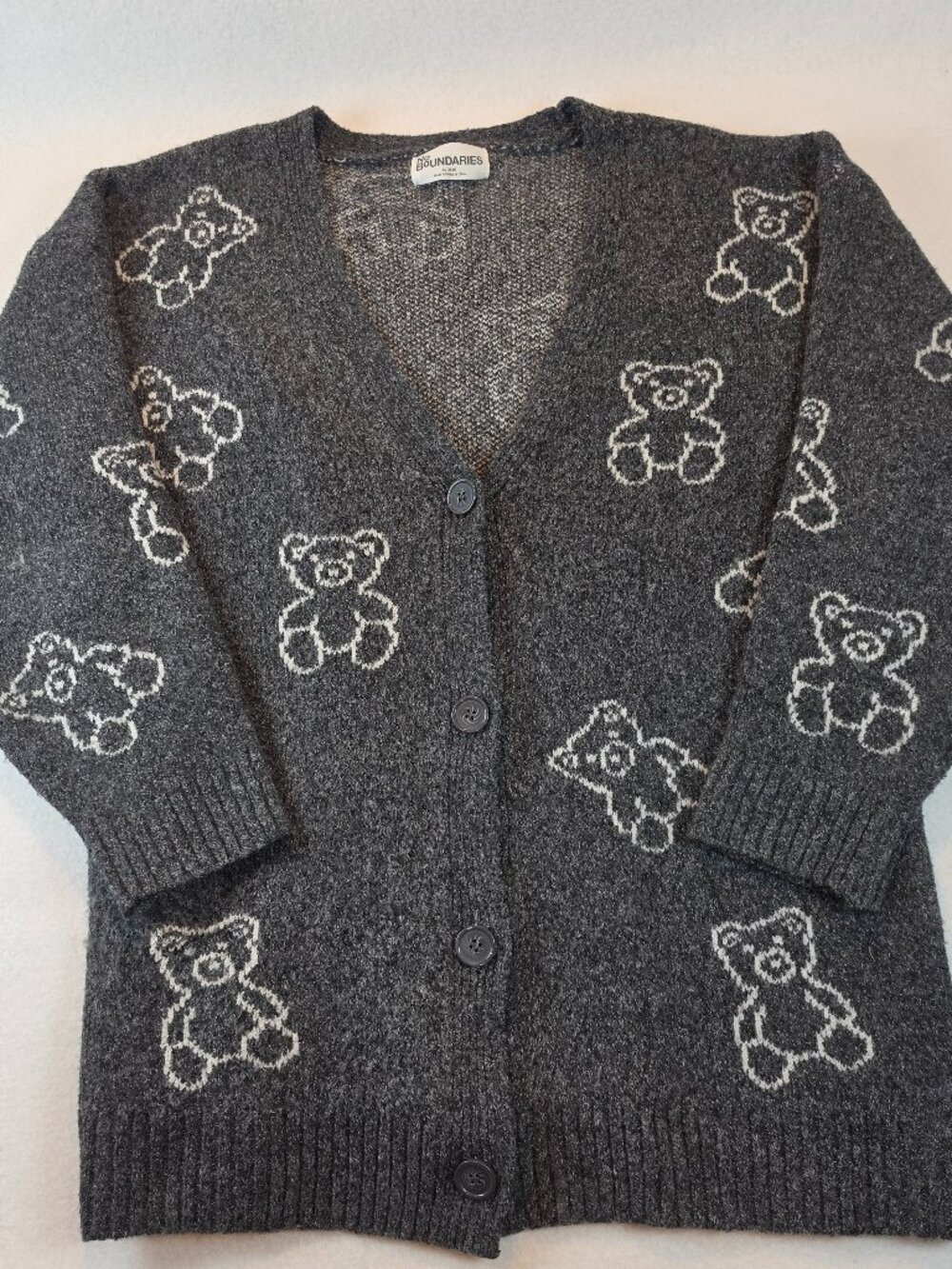 No Boundaries Gray Teddy Bear Intarsia Knit V-Neck Button Cardigan Sweater XL 16
